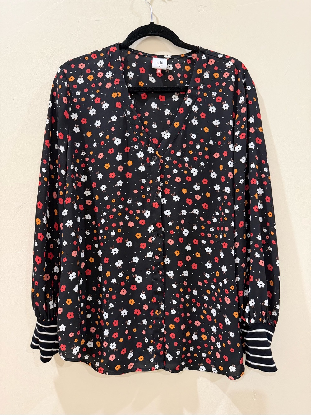 CABI Floral Button-Front Blouse in Black with Red, White & Orange Flowers